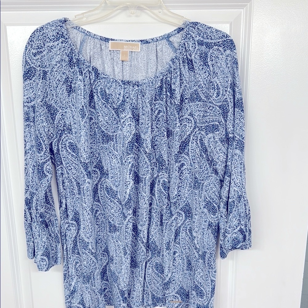 Michael Kors Blue and White Blouse with Relaxed Pleated Style